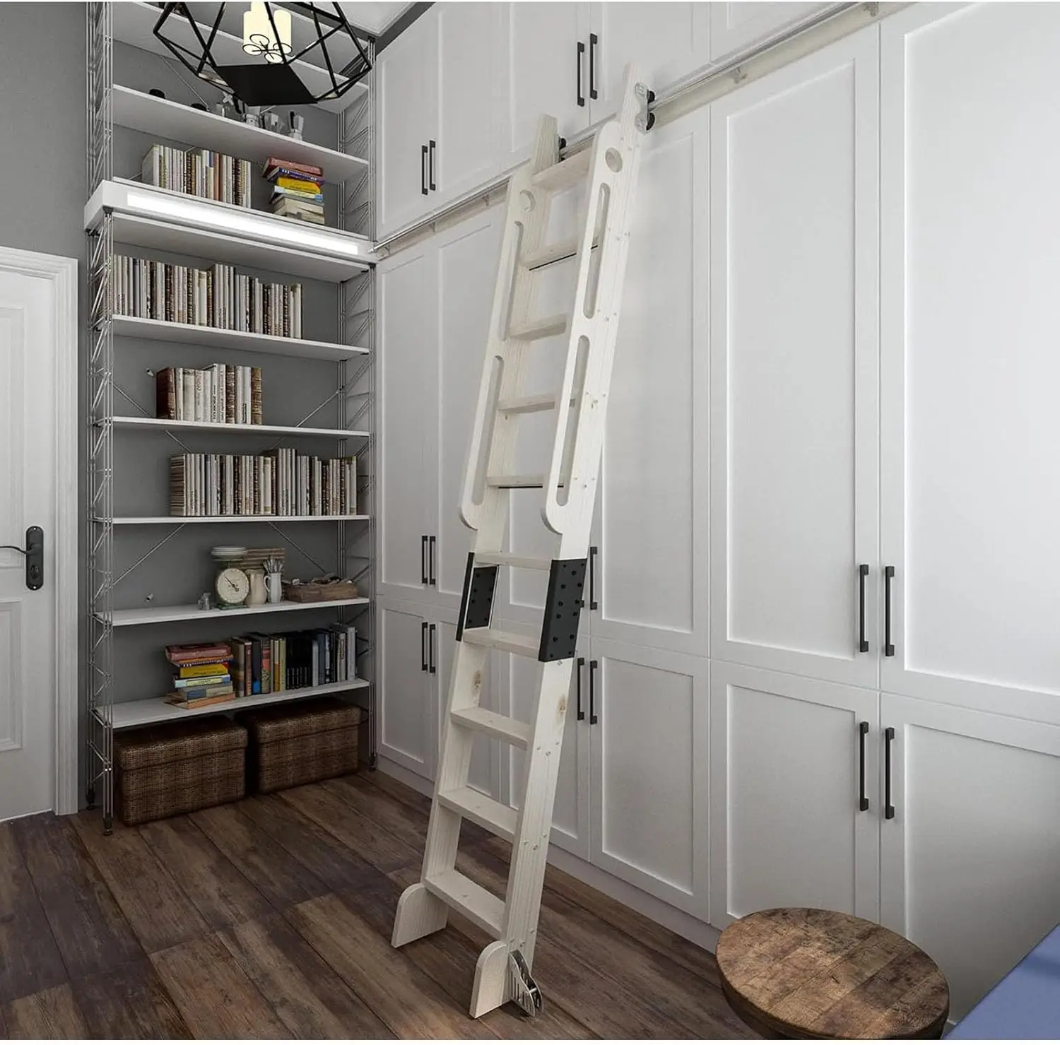 Sliding Barn Door Kit 3.3Ft-26.2Ft Stand Up Rolling Sliding Library Ladder Hardware Full Set Track Kit, Telescoping Sliding