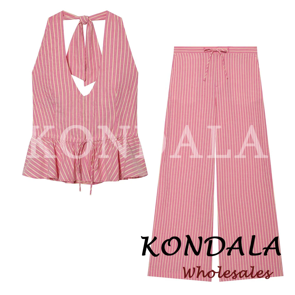 KONDALA Chic Summer Pink Striped 2026 Women Suit Neck-mounted Short Vest+ Drawstring Wide Leg Long Pants Fashion Y2K Female Suit - view 4