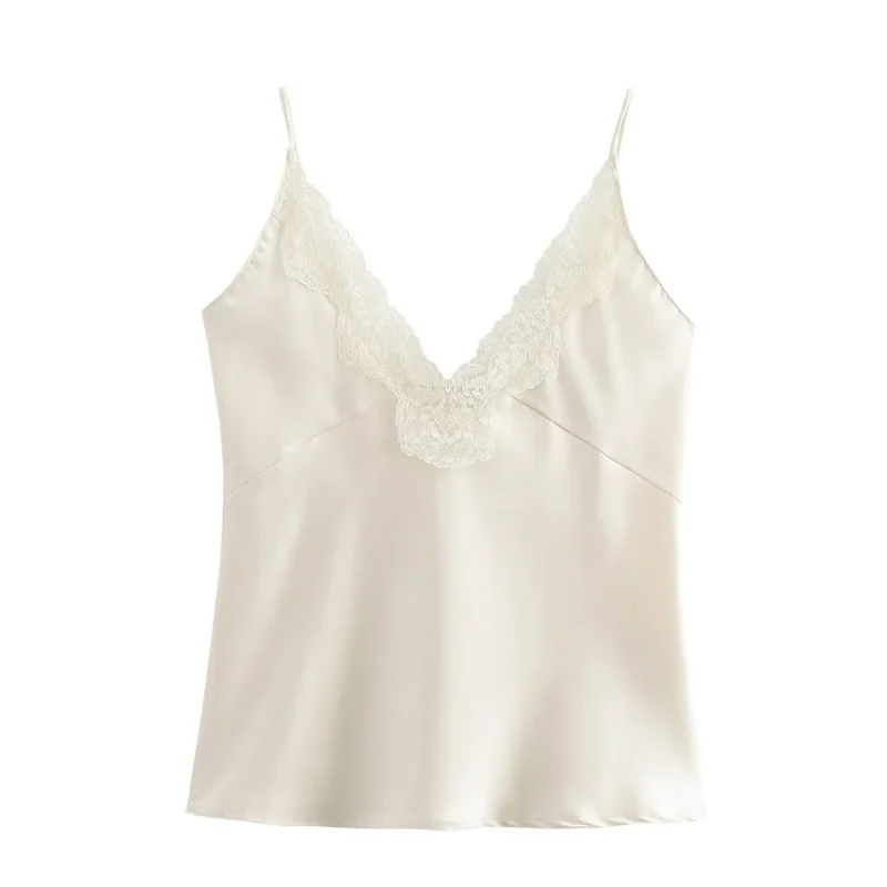 Women's Casual Lazy Satin Texture Spaghetti Strap Top, V-Neck Lace Trim, Multiple Colors for Daily and Lounge Wear