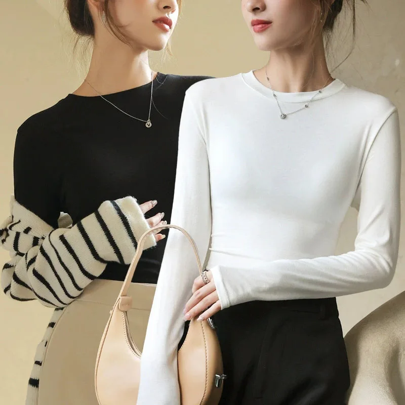 

Spring Summer Long Sleeve T-Shirts Female Korean Slim Fit Solid Color Basic O-Neck Tops All-Match Stretch Soft Modal Tshirt