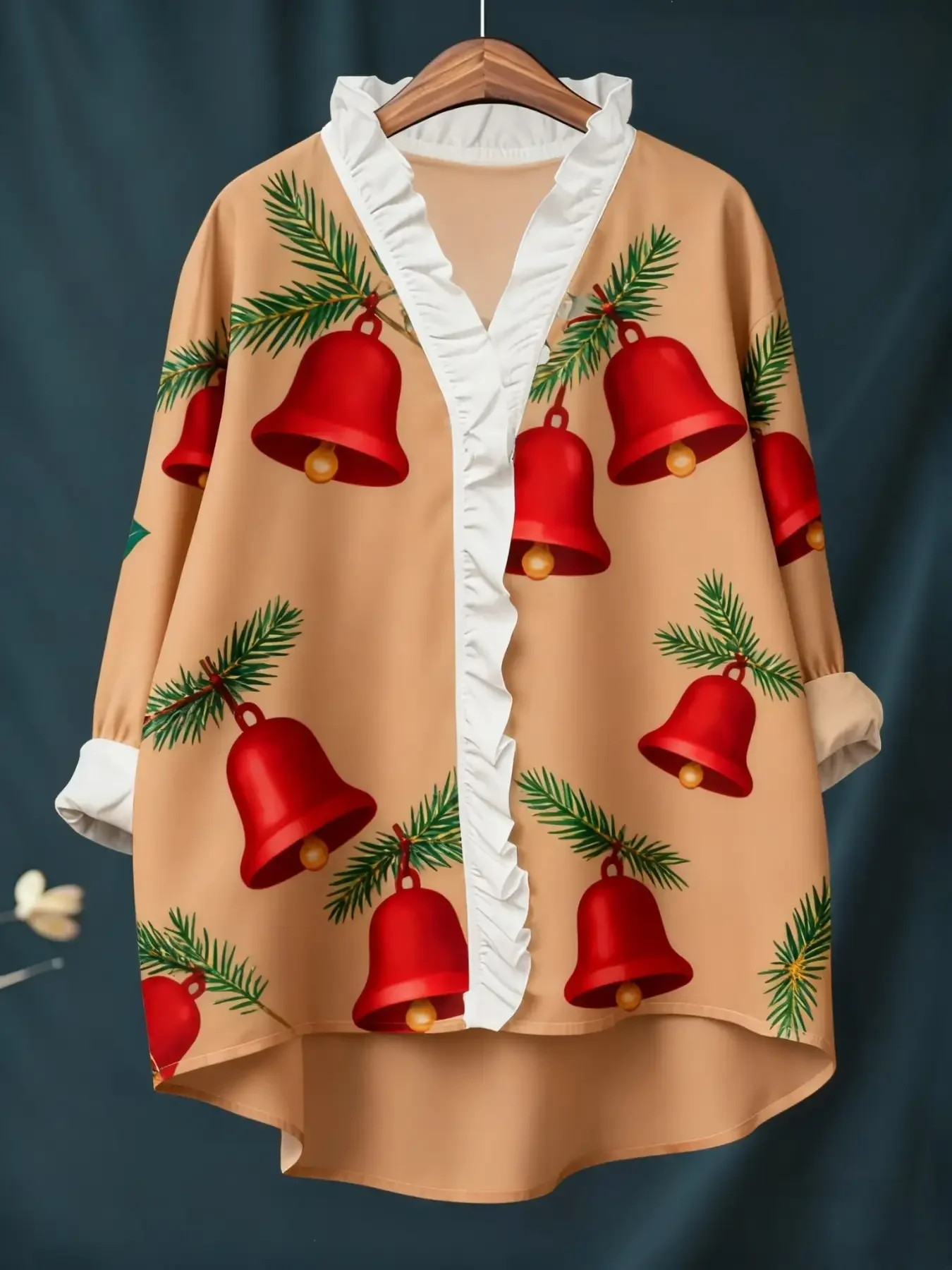 2026 new women's Christmas digital printed long sleeved shirt with ruffled collar, Versatile beach and everyday wear