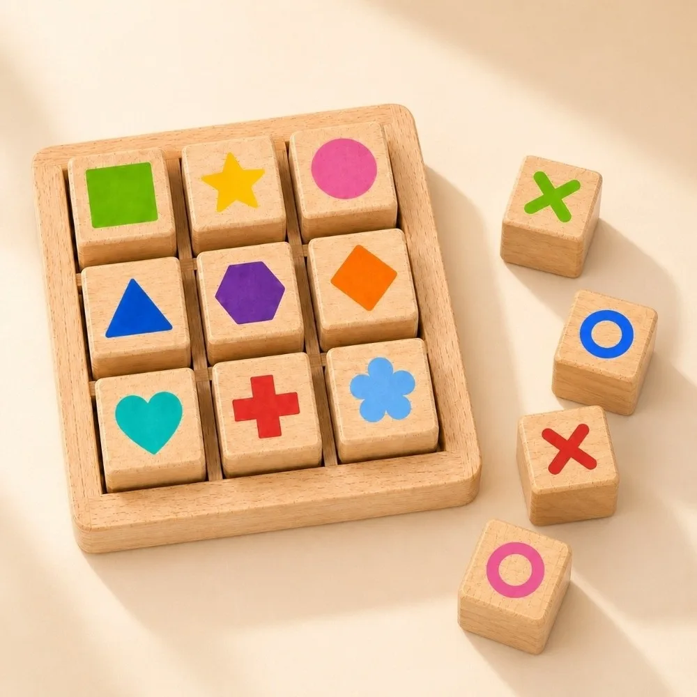 Portable Wooden Tic Tac Toe Two Player Wooden Educational Board Game Training Handcrafted Finish Parent Unisex Game Party Game