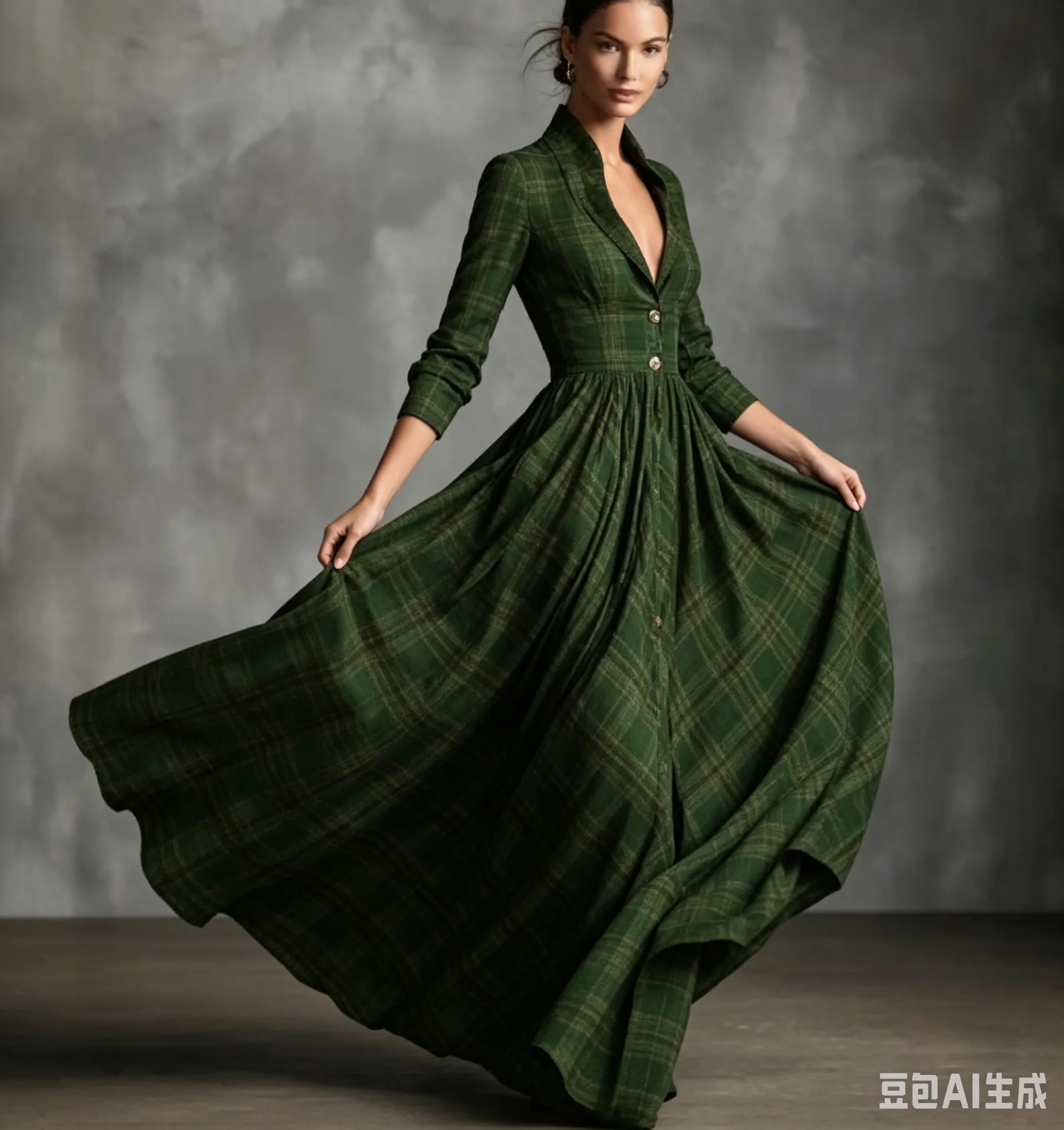 Retro Plaid Print Big Hem Maxi Dress Woman Fashion Sexy Deep V Neck Button Shirt Dress Autumn Long Sleeve Pockets Boho Dresses