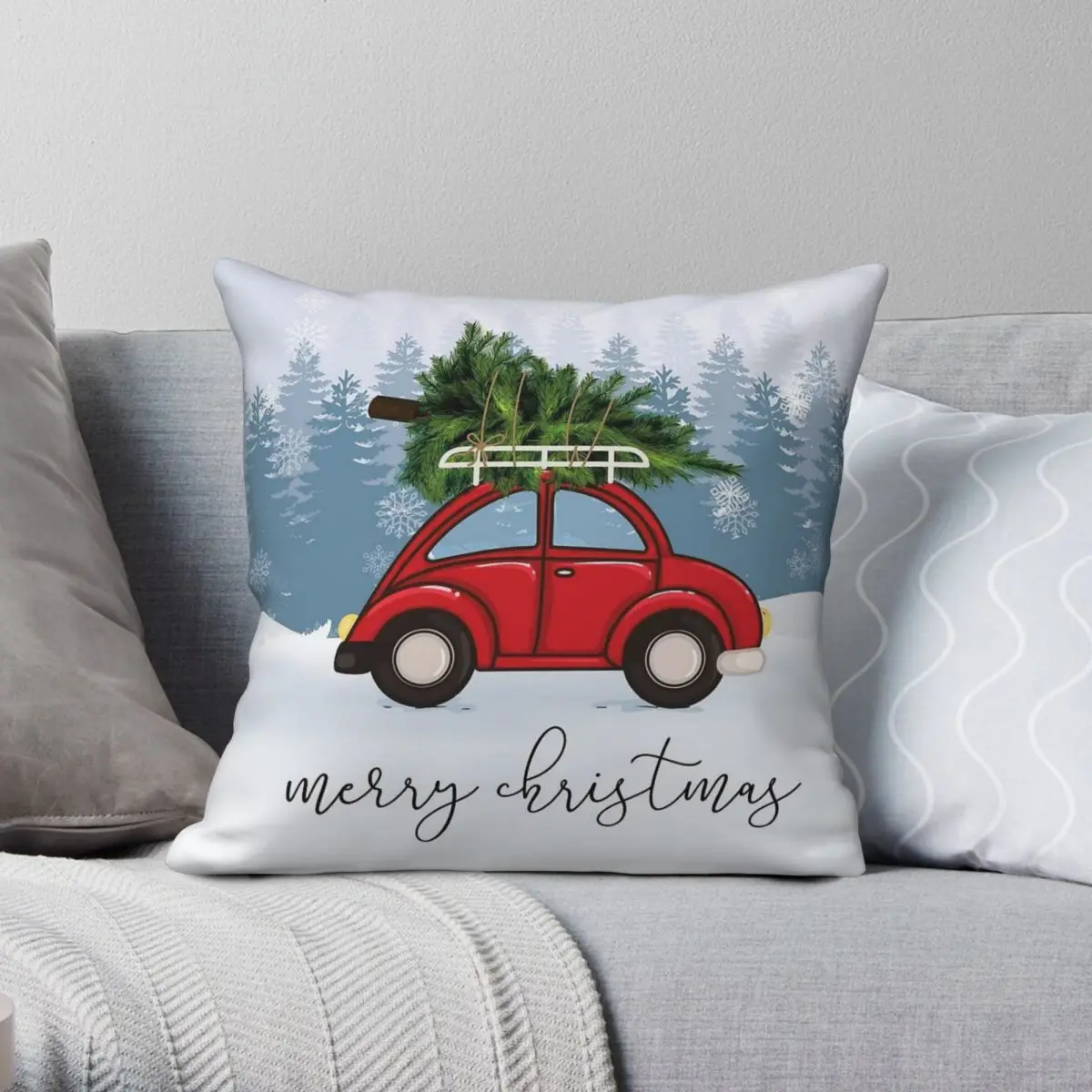 Red Car Christmas Tree On Roof Square Pillowcase Polyester Linen Velvet Pattern Zip Pillow Case Sofa Seater Cushion Cover