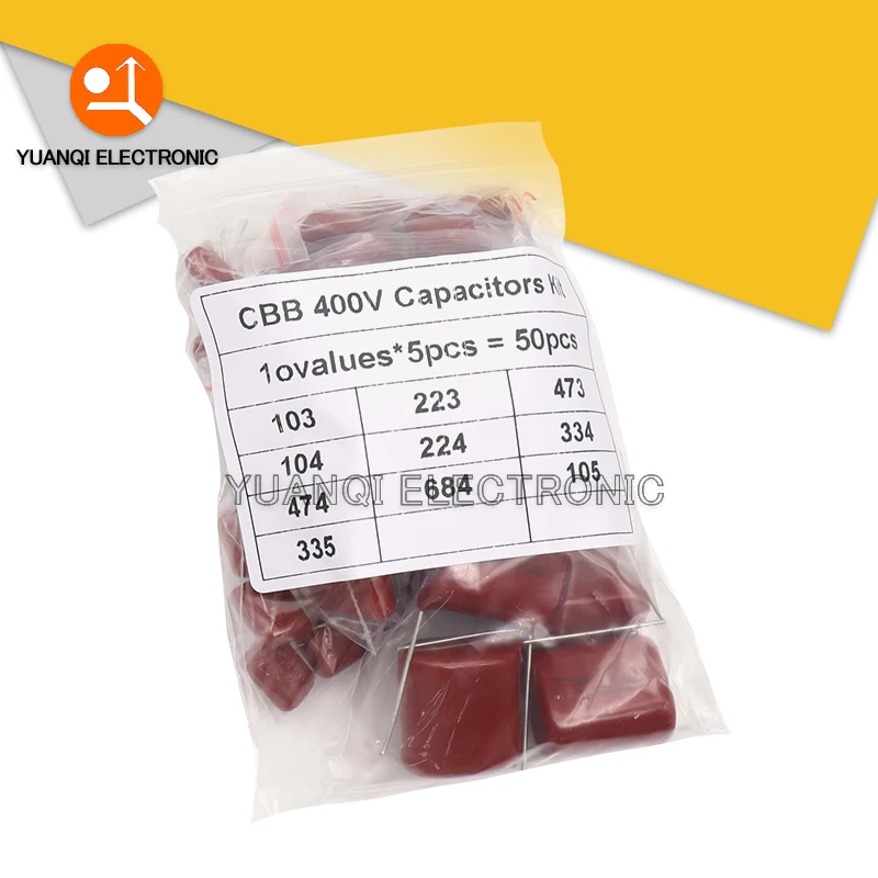 50PCS/LOT 10NF-3.3UF CBB Capacitor Assortment Kit 400V 10NF - 3.3UF 10values Metallized Polyester Film Capacitors KIT DIY