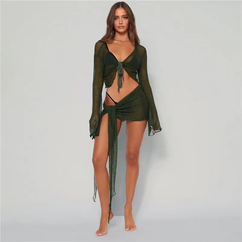 【ELECTRONIC-ACCESSORIES】Women's 2 Pieces Outfits Mesh Perspective Suit Beach Long Sleeve Tops Crop Top And Mini Skirt Set