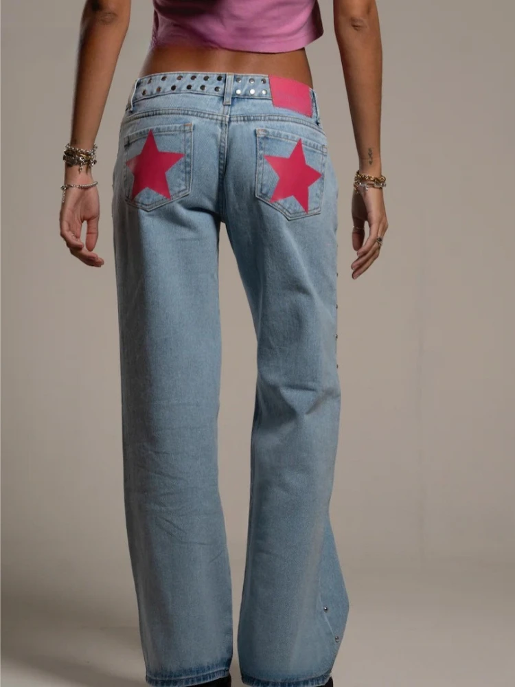 

HOUZHOU Y2k Black Leopard Star Patchwork Jeans Women Blue Vintage Punk Low Waist American Style Denim Trousers Baggy Streetwear