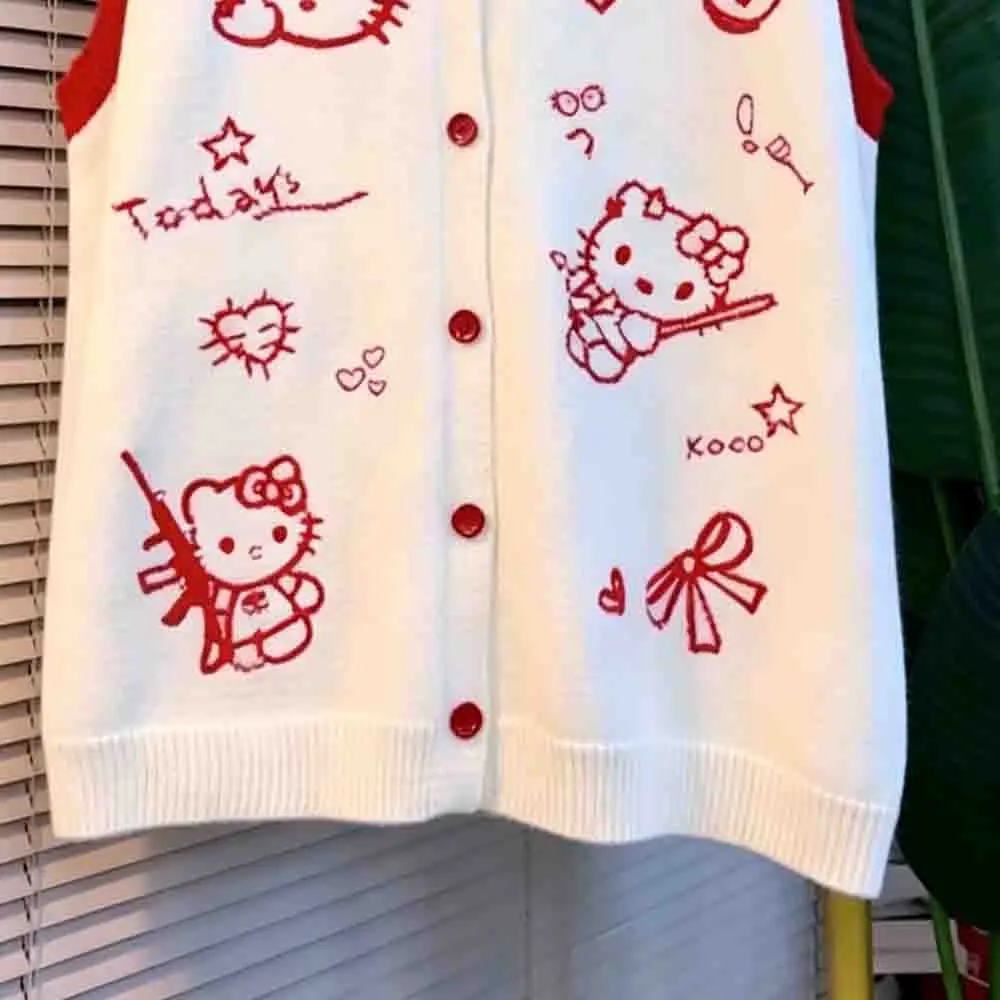 Sanrio Hello Kitty Women's Cute Knitted Tank Top Autumn/winter New Loose Printed Cardigan Large Female Student Kawaii Sweater view 4