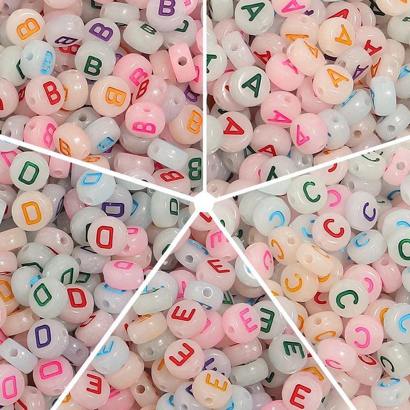 100pcs 7mm Acrylic Luminous Letter Beads Colorful Translucent Flat Round Loose Beads For DIY Jewelry Making Bracelet Accessories