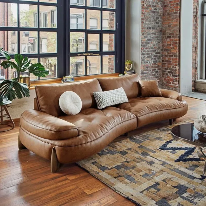 Italian Style Modern Vintage Top Grain Genuine Leather Sofa Light Luxury Straight Curved Sofa for Large Home Living Room