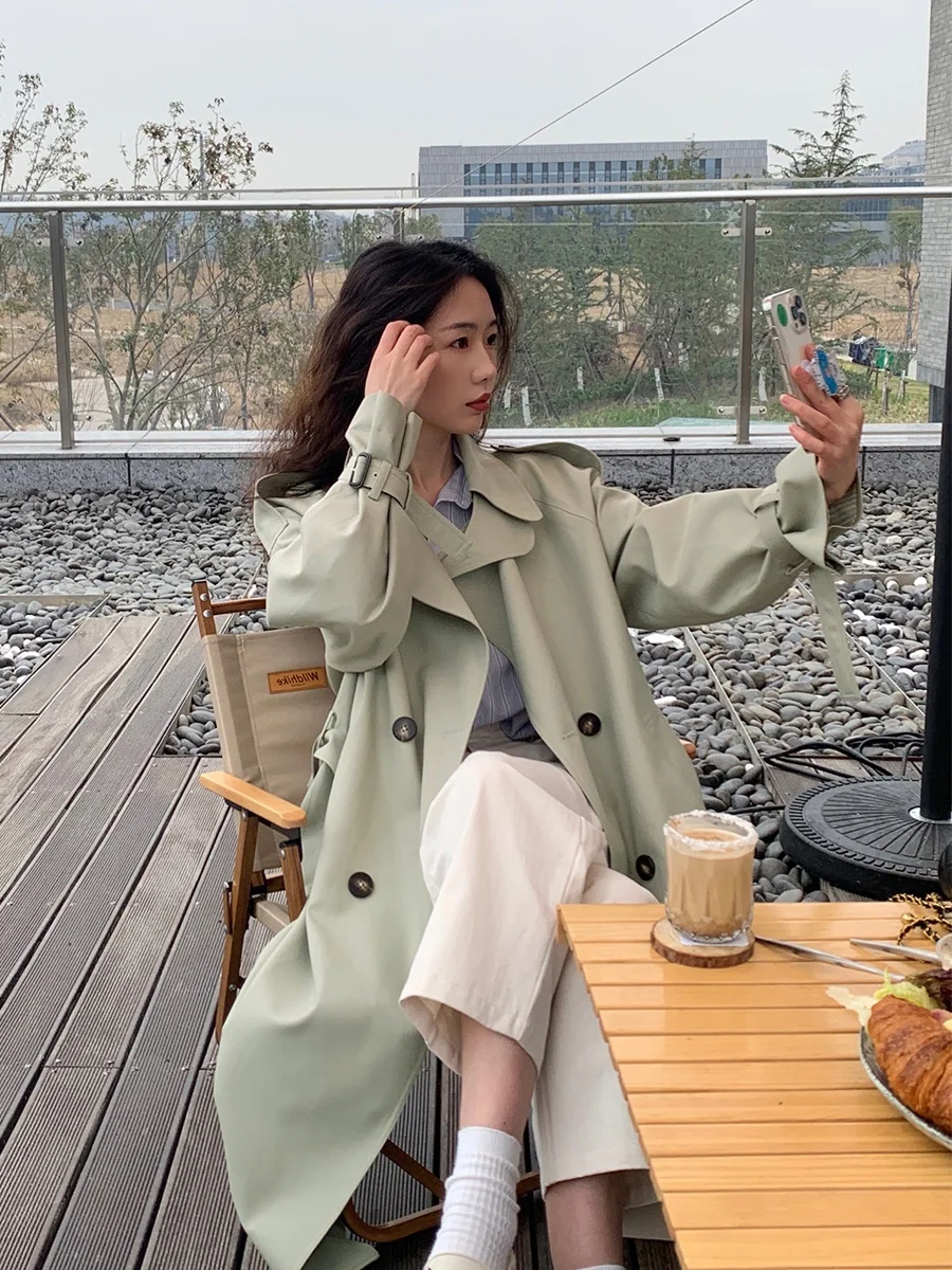 

Bean een Women's Mid-Length Coat Briti Sle Spring Autumn New Korean Version Jaet Straight Cut Polyester Fiber Long Sl...