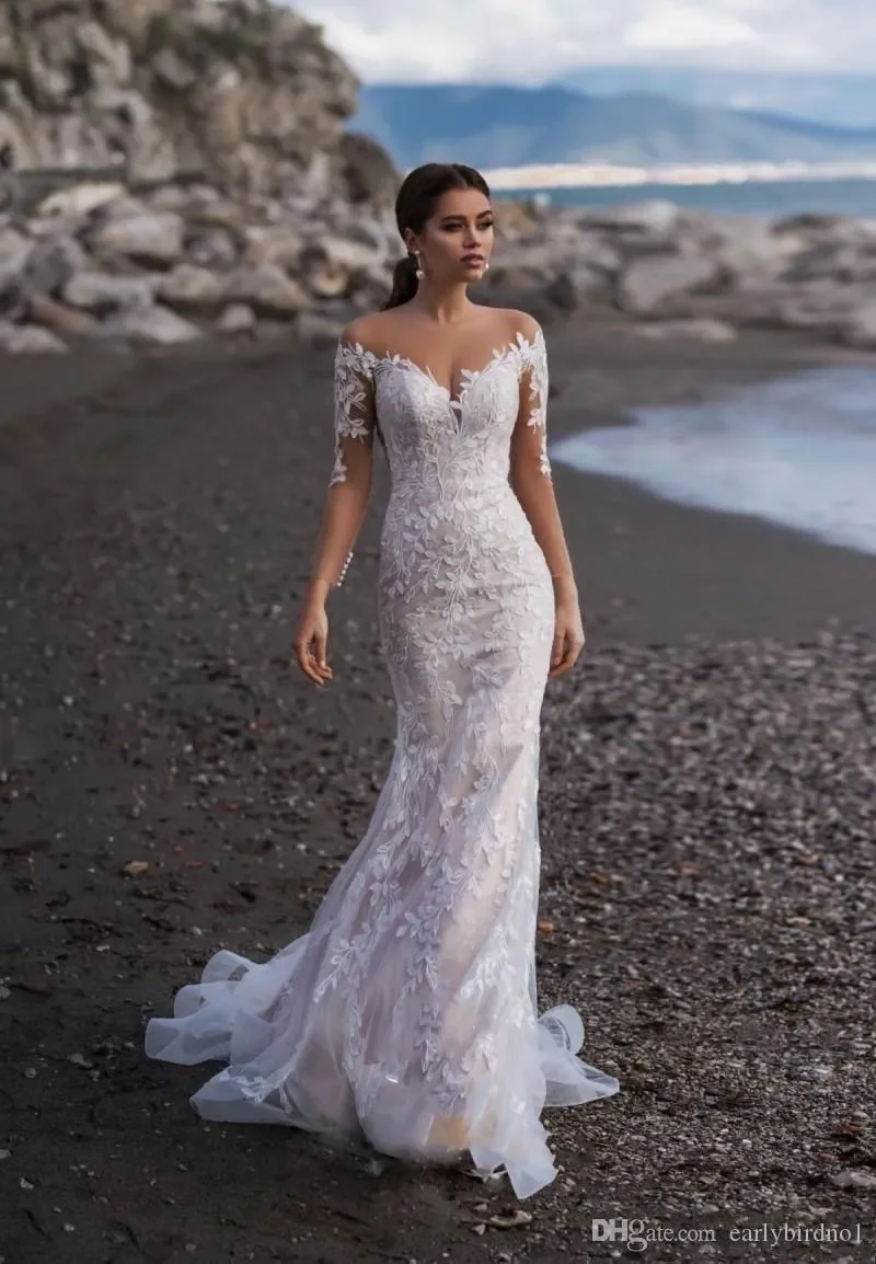 Abiti da sposa a sirena con maniche lunghe in pizzo da spiaggia personalizzati con applicazioni Sweep Train Abito da sposa taglie forti 2025 Abiti da sposa