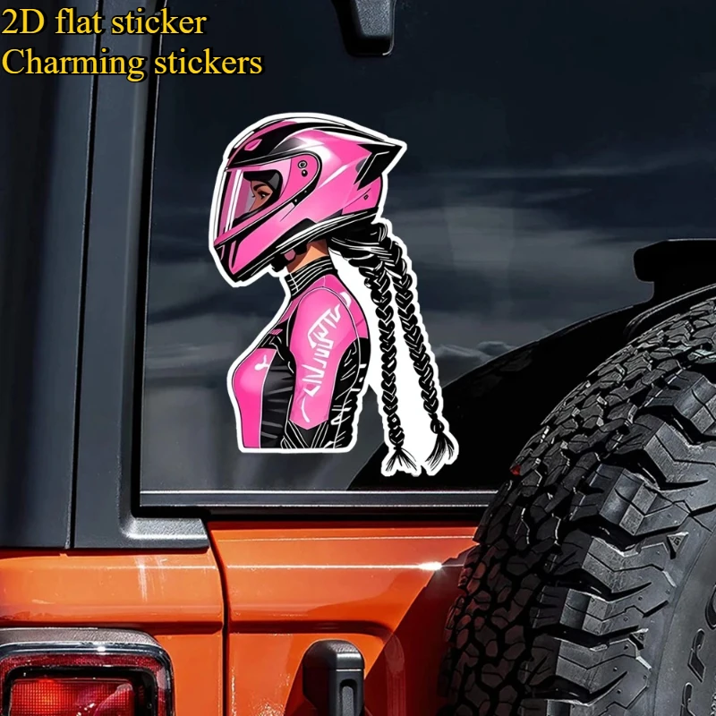 1pc 2D Flat Pink Female Biker Vinyl Sticker Waterproof Motorcycle Rider Decal For Car Exterior Decor