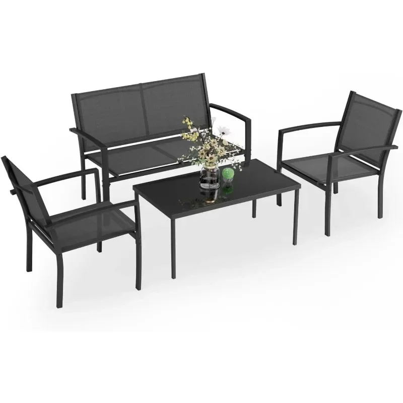 Greesum 4 Pieces Patio Furniture Set, Outdoor Conversation Sets for Patio, Lawn, Garden, Poolside with A Glass Coffee Table