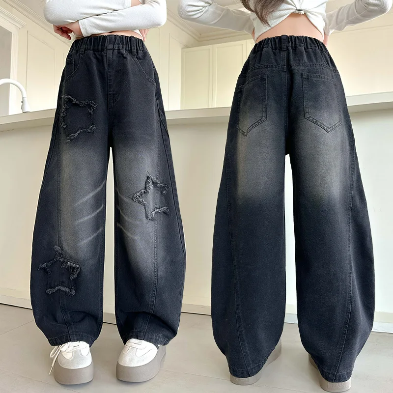 

2025 Autumn Kids Casual Black Curved Jeans for Teenage Girls Casual Straight Cut Denim Pants with Stars Korean Children Wear