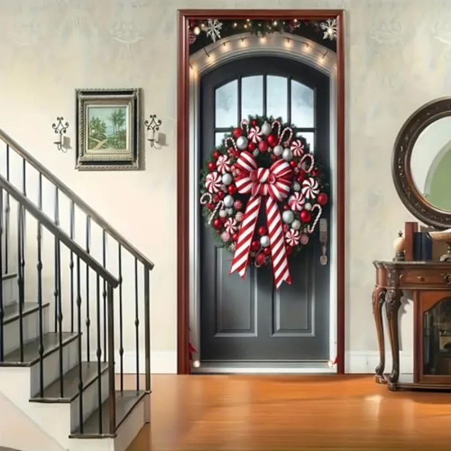 Fondo de fotografía navideño para puerta, corona de Navidad, pancarta colgante de bastones de caramelo, lazo rojo y blanco, para invierno y Año Nuevo