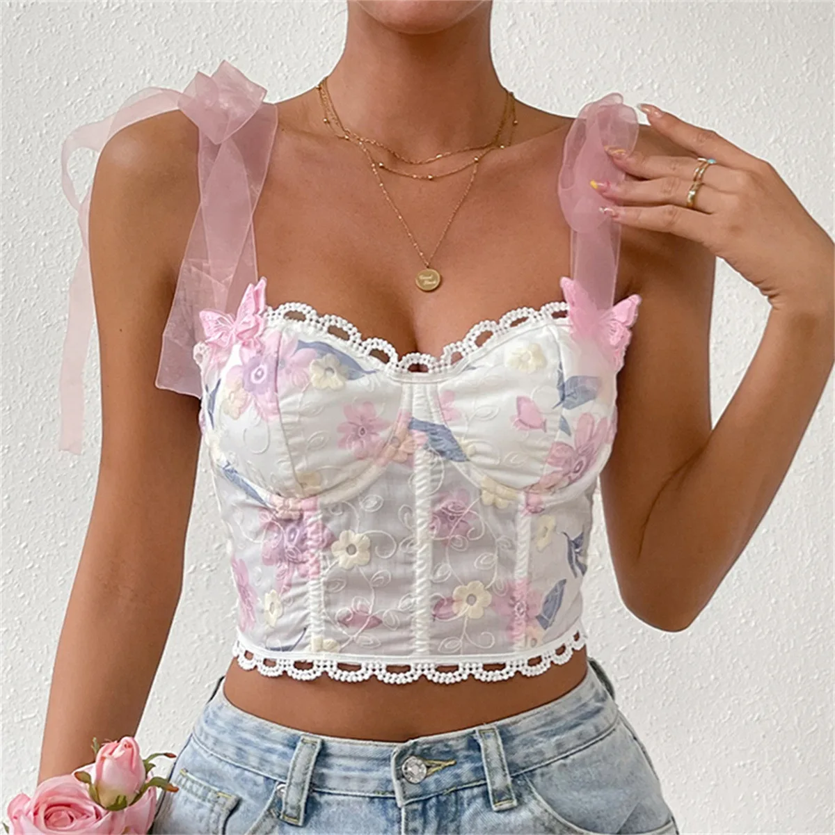 

Sexy Women's Floral Fishbone 3D Butterfly Vest Corset Sleeveless Streetwear Y2k Crop Top White Lace Embroidery Hollow Tank Top