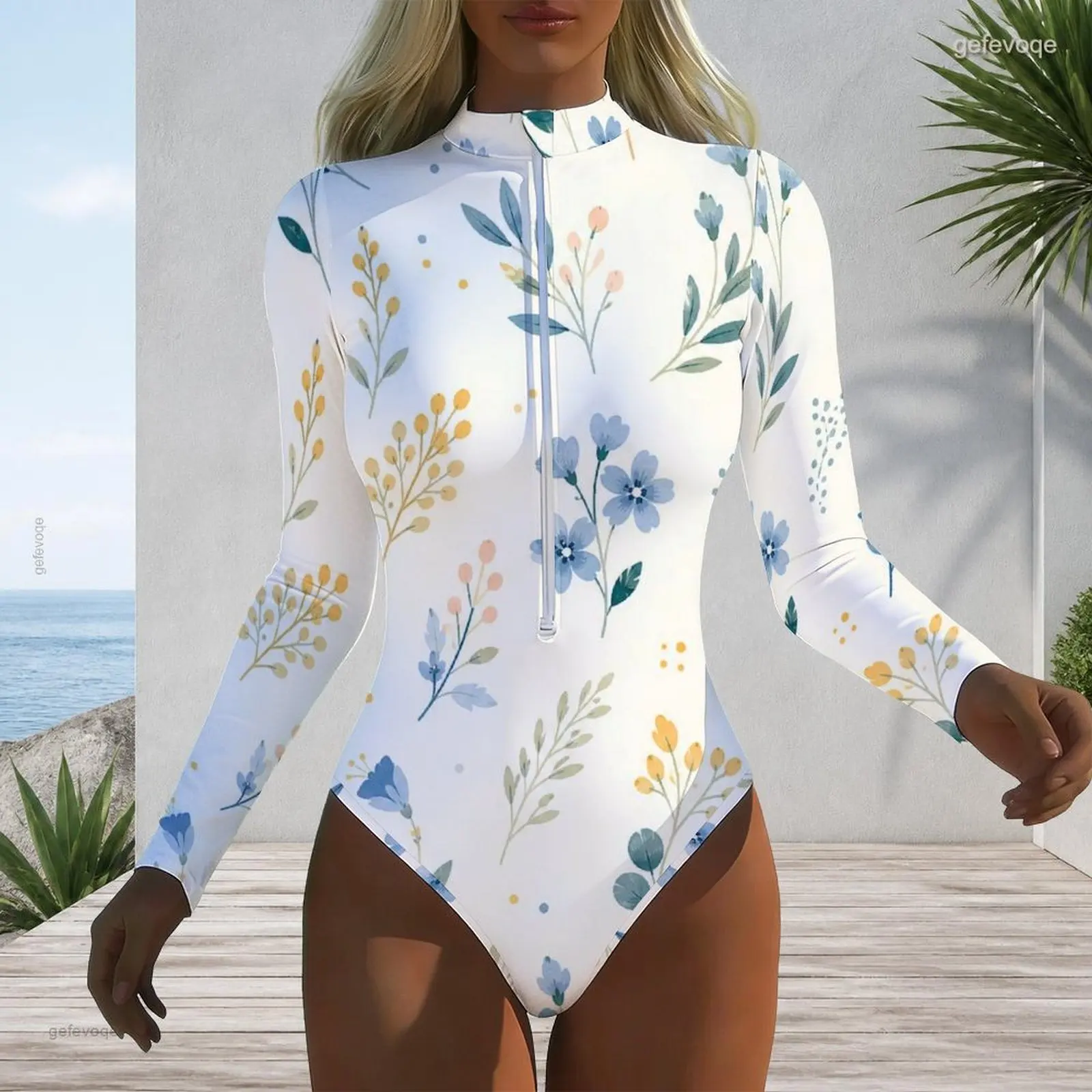 Women Swimsuit with Print High Neck Front Zip Long Sleeve One Piece