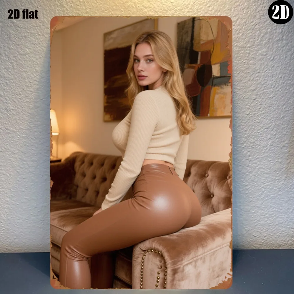 Vintage Metal Tin Sign Blonde Woman Beige Crop Top Brown Leather Pants Sofa Indoor Scene Wall Art Decor for Home Bar