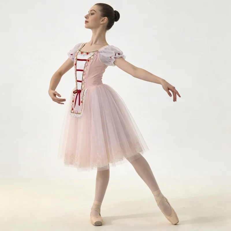 Womens Puff Short Sleeve Ballet Performance Dress Contrast Lace Apron Mesh Long Skirt Design Dancewear Suitable For Stage Shows