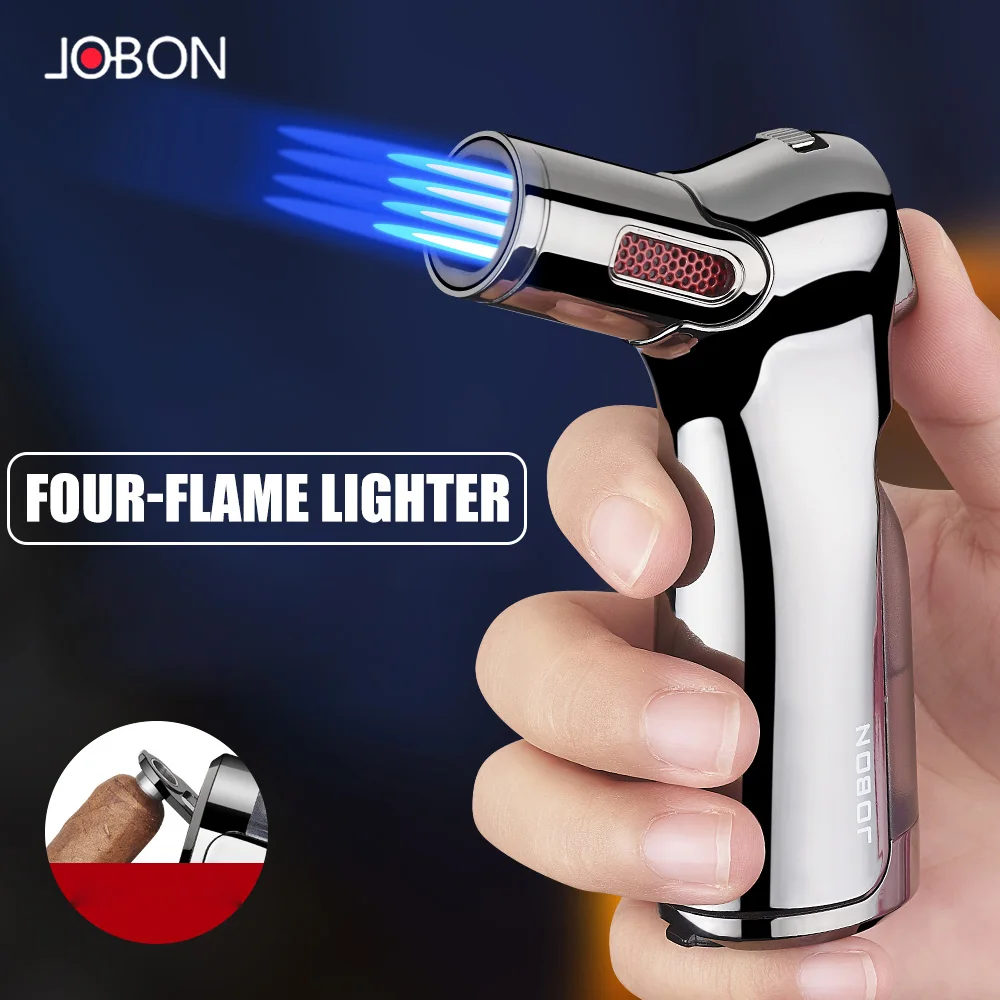 

JOBON's new four-flame lighter cigar assembler design safety lock transparent gas window strong windproof cigarette lighter