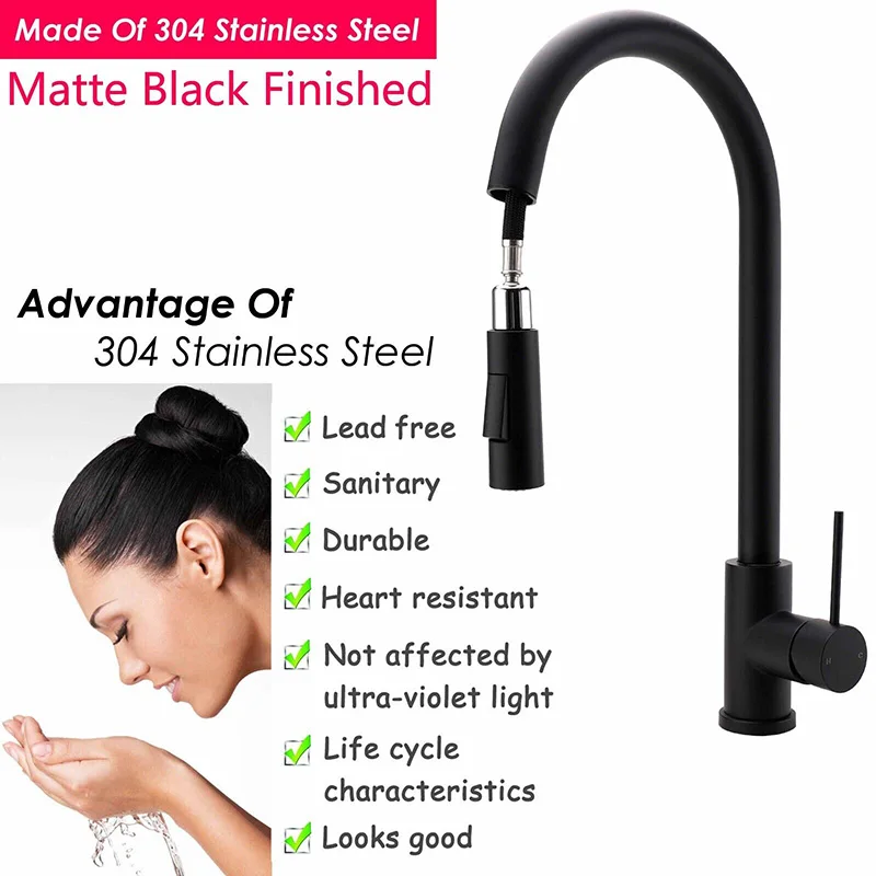 KYLINS faucet bathroom accessories Matte Black 2 Mode Pull Out Kitchen Tap Laundry Sink Mixer Swivel Gooseneck. KRD519.BL