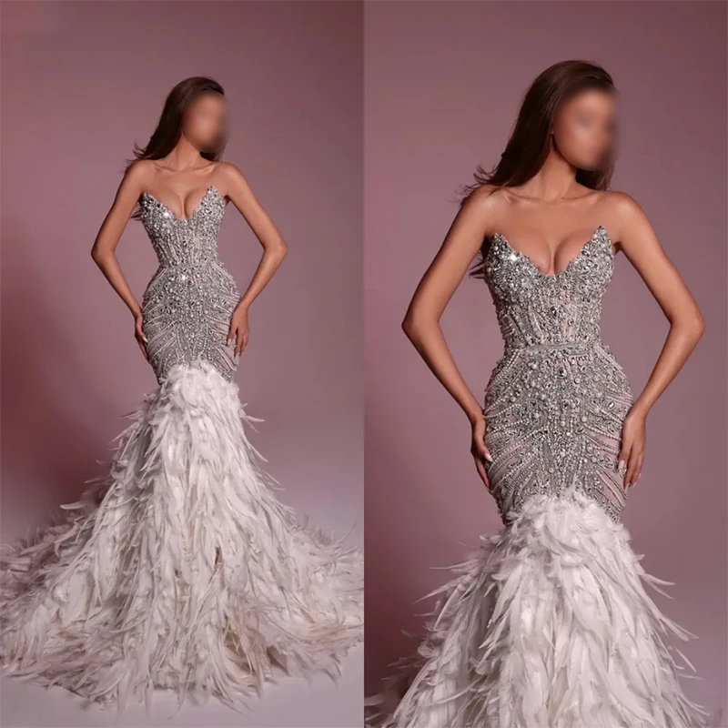 Exquisite Strapless V-Neck Evening Dress فساتين سهرة luxury Silvery Mermaid Beaded Feather Design Dresses For Gala/Party Dresses