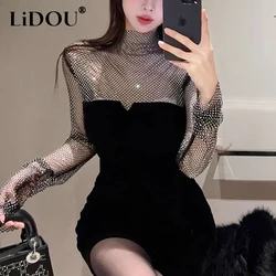 Spring Summer Stand Collar Diamons Patchwork Black Mini Dress Women Long Sleeve Nightclub Fashion Sexy Robe Femme Vestidos