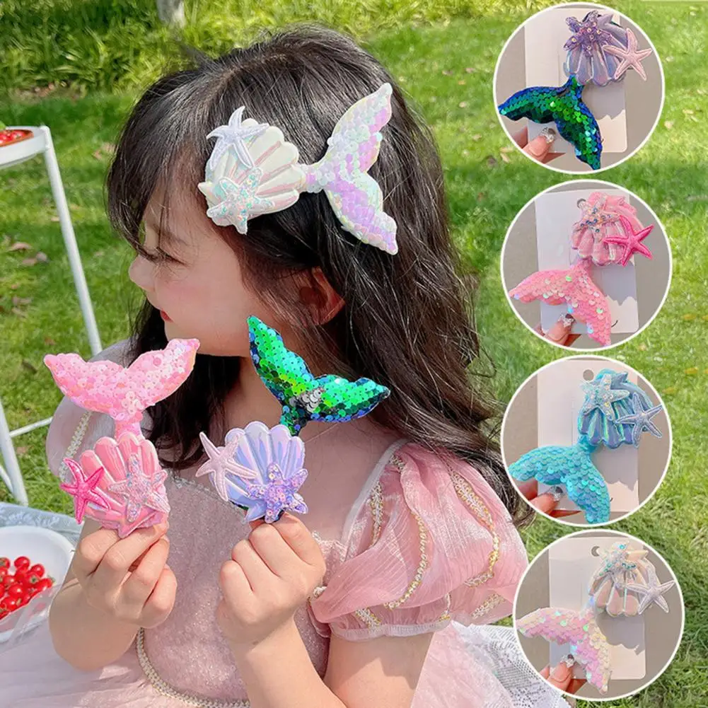 Girl Hair Clip Shine Sequins Mermaid Tail Hairpin with Cute Seashell Hair Accessories Girl Hairpin Mermaid Theme Clip Jewelry