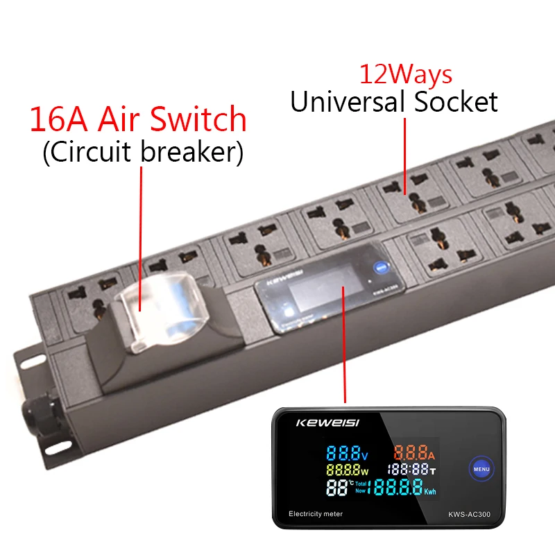19inch PDU power strip cabinet mount ammeter/voltmeter/power tester 12 way extension socket 16A air switch 2M extension cable