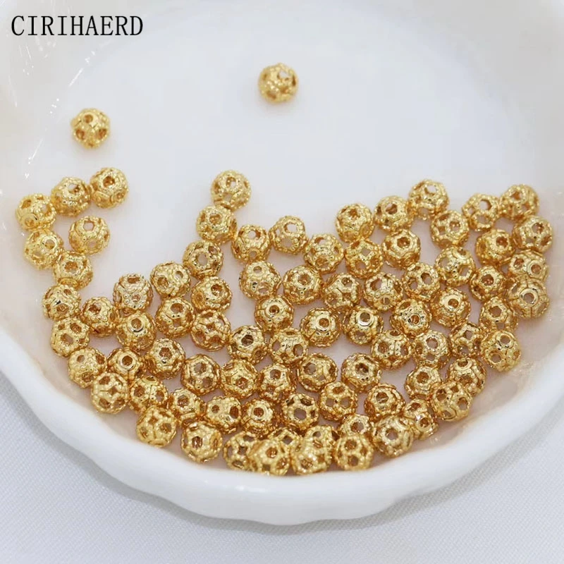 14K Gold/Silver Plated Brass Round Hollowed-Out Small Beads Supplies For Jewelry Making DIY Accessories 4mm Spacer Bead Findings