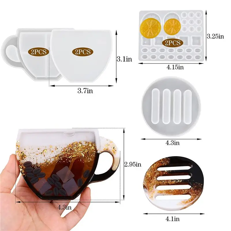ABHU Coaster Resin Mold, 7 Pcs Coaster Molds For Epoxy Resin, Coffee Cup Shape Resin Shaker Mold With Lemon Coffee Bean Mold