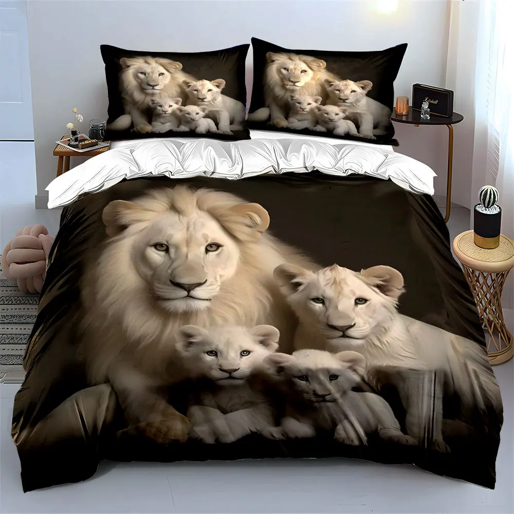 White Lion Family Portrait Bedding Set for Kids Luxury Gift 3pcs Digital Print Comforter Set Soft Comfortable Breathable
