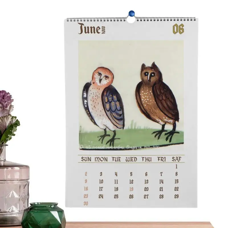 Funny Medieval Owl Paintings Calendar 2024 12 Month Planner Wall Calendar Family Planner Calendar For Living Room Office Decor