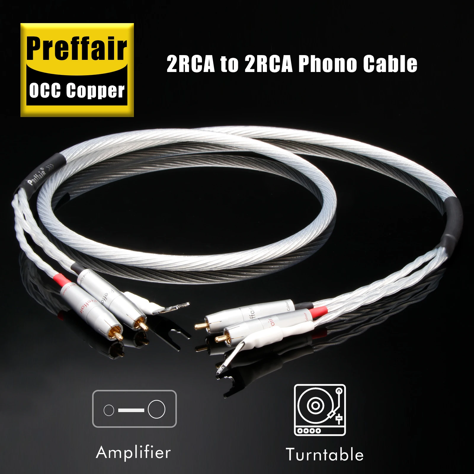 

HiFi 2RCA to 2RCA Phono Cable OCC Silver Plated LP Turntable Tonearm Cable with Y Spade Ground Wire Silver Foil Shielding