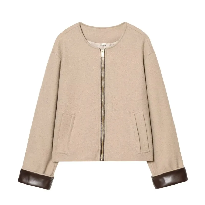 

Женская куртка-бомбер с кожаными вставками, новая весенняя повседневная модель с круглым вырезом, длинными рукавами, карманами и молнией, простой женский топ