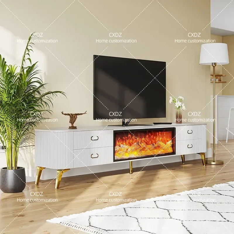 Modern White TV Stand with 3D Electric Fireplace Insert Decorative Floor Console Cabinet for Living Room Home Entertainment