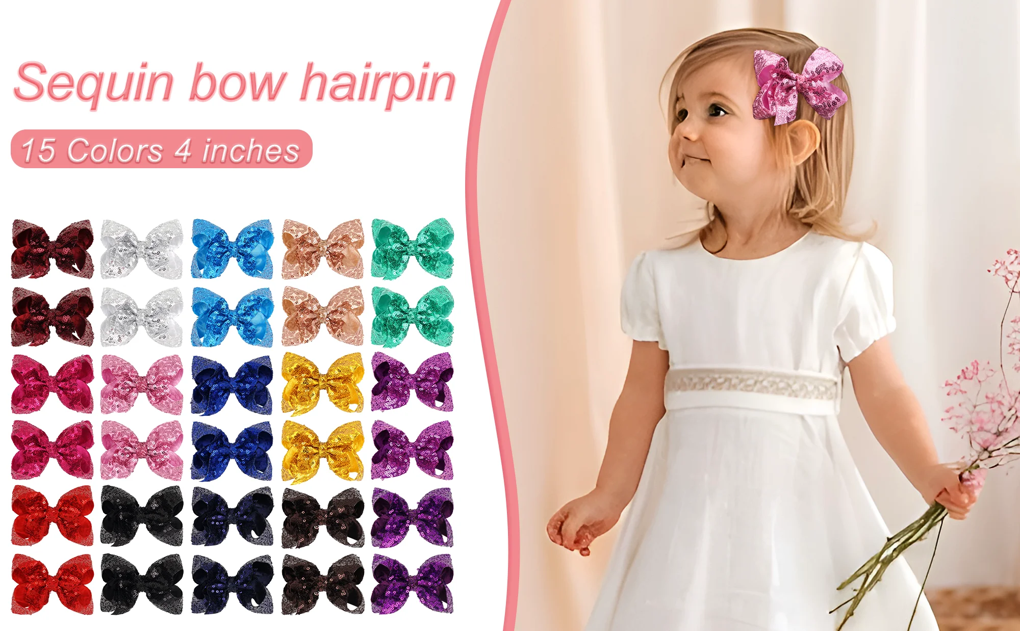 12Pieces(6Colors In Pairs) Bling Sparkly Sequins Bows Alligator Hair Clips Baby Girls Mix Colored Solid Ribbon Hair Bows Clip