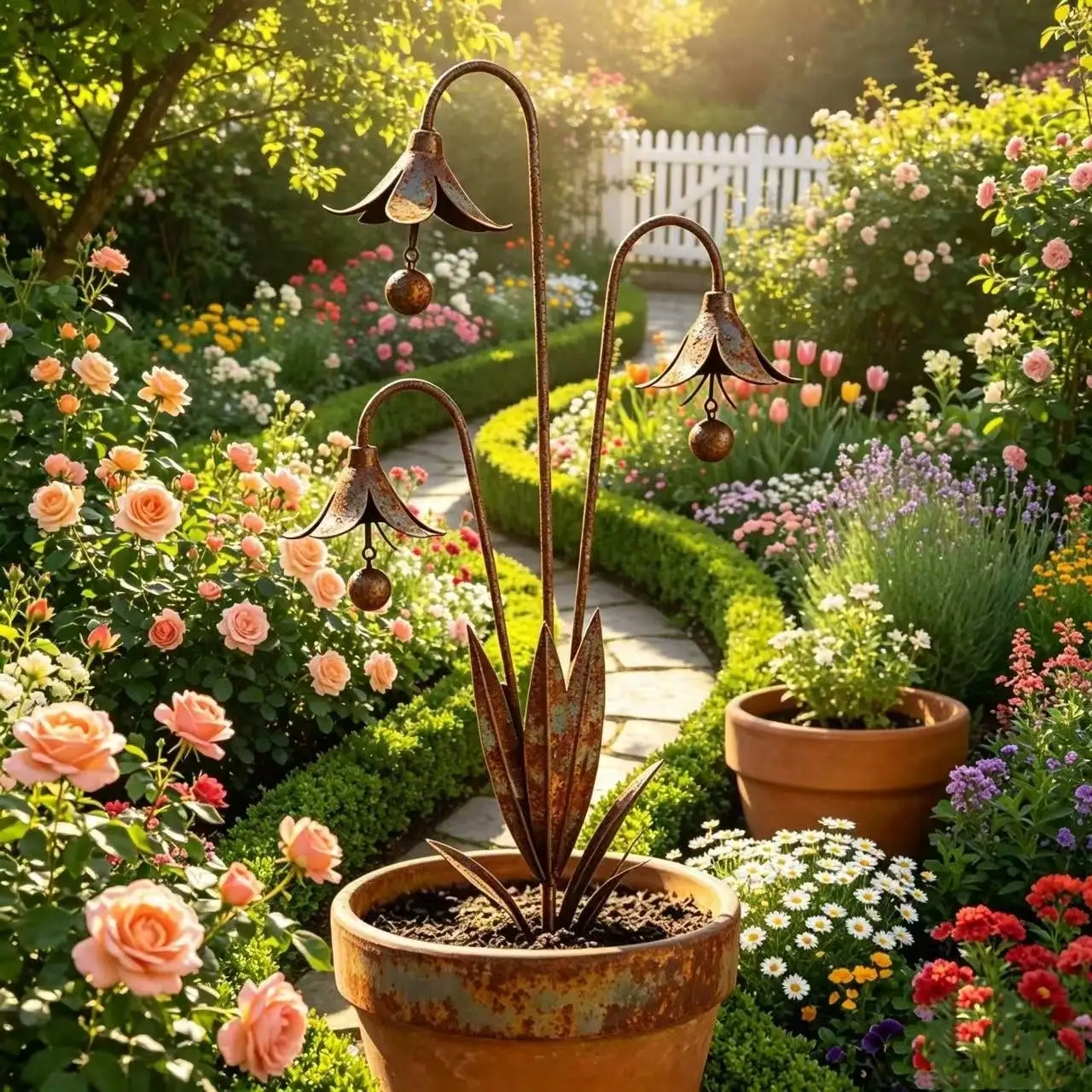 Iron Bluebell Garden Decorative Stake, Aged Rust. Courtyard Landscaping, Garden Scene Decoration