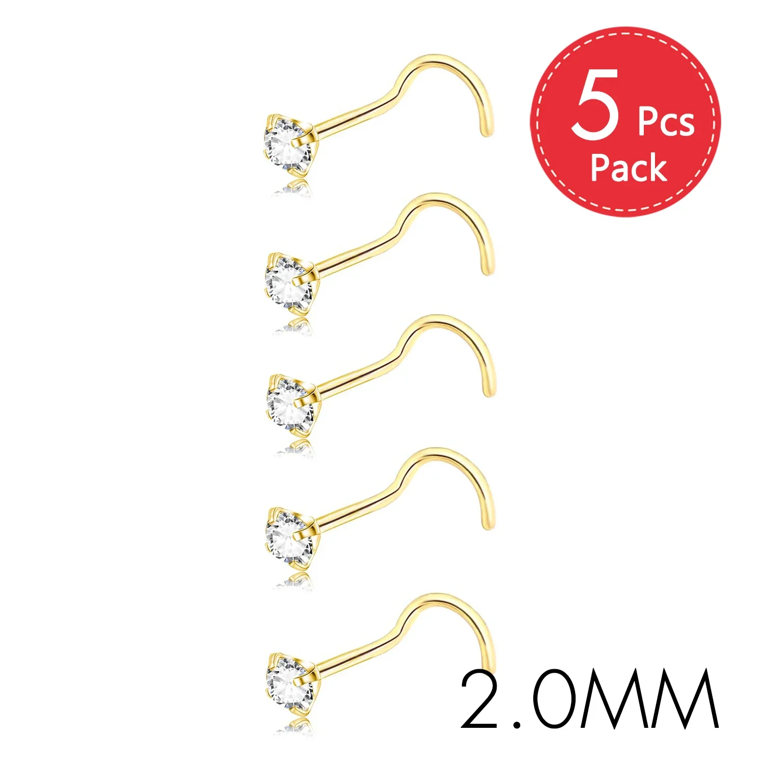 CZ Gem Stainless Steel Nose Piercing Studs, 5Pcs Set