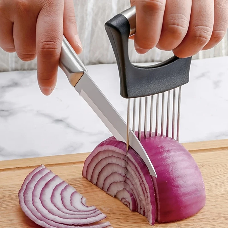 Soporte para rebanador de cebolla de acero inoxidable, ablandadores de carne multiusos, herramienta para cortar verduras, patatas, tomates y limón, agarre completo, 1 ud.