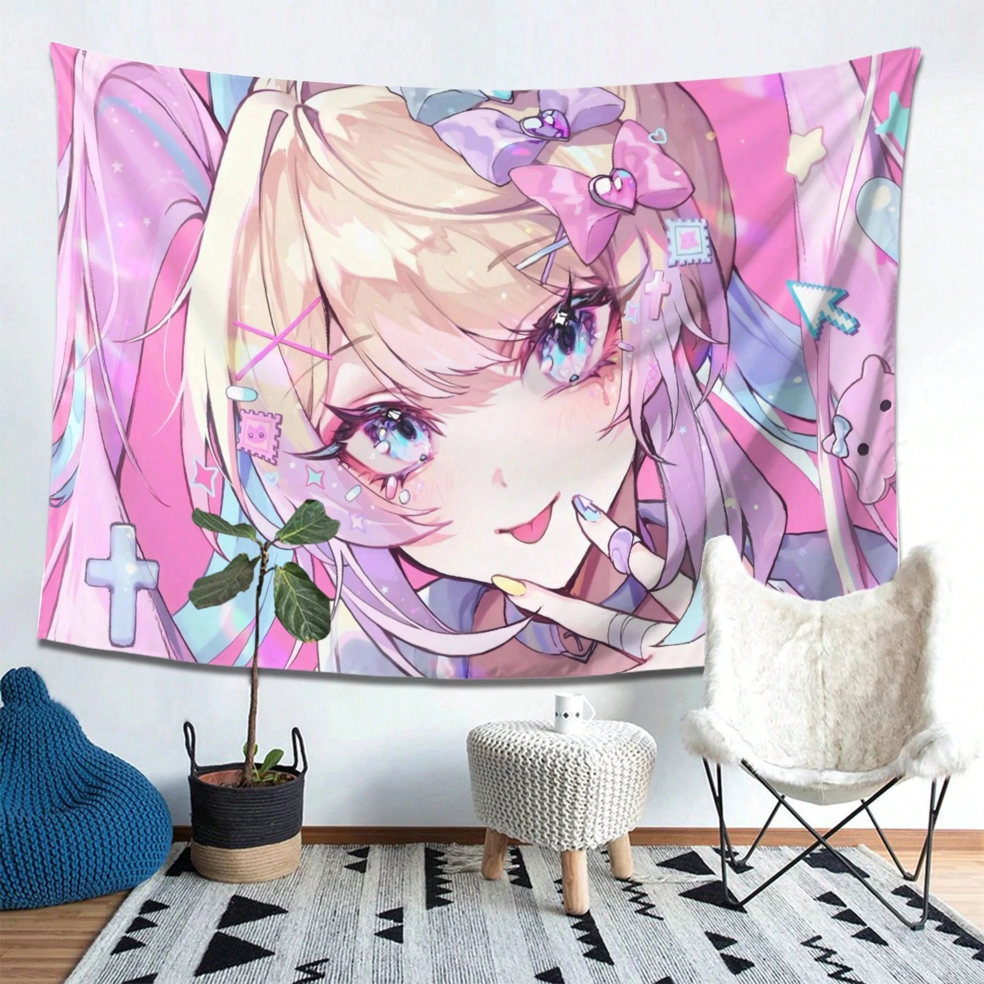 KANGEL Nso Anime-Wandteppich, lebhaftes rosa Charakterdesign mit leuchtenden Sternen, Wandbehang aus Polyester für die Innen- und Außendekoration