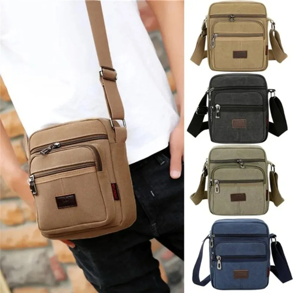 Retro Canvas Men's Shoulder Bag Large Capacity Solid Color Crossbody Bag Zipper Multi Layer Business Cash Bag