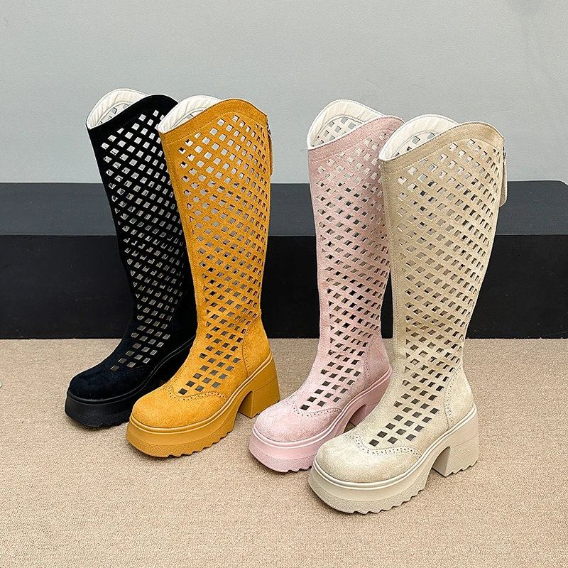 New Cut-out Long Boots for Women Summer Thin Breathable Mesh Small Figure Thin High Rider Boots