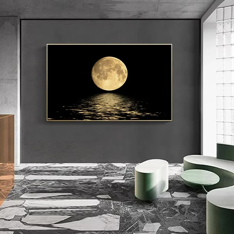AA مجردة المشهد أبيض وأسود القمر الحديثة جدار الفن، HD قماش طباعة ملصق، المنزل، غرفة المعيشة، الشرفة، غرفة الديكور