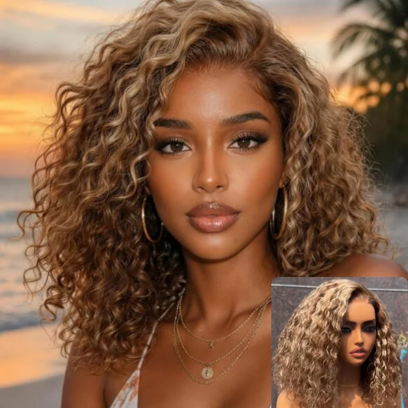 Klaiyi 7x5 Lace Side Part Blonde Highlight Voluminous Curly Bob Wig 180% Density Ready To Wear Human Hair Glueless Wigs