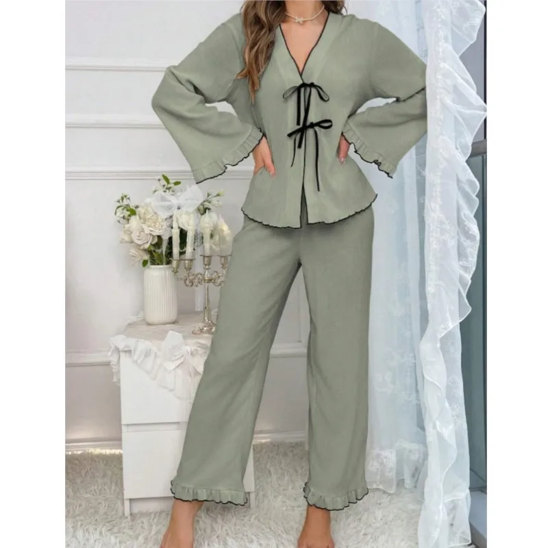 

Women's Home Clothing Long Sleeve Pajama Set Solid Color Elegant Loose Casual Butterfly Lace Home 2-Piece Set
