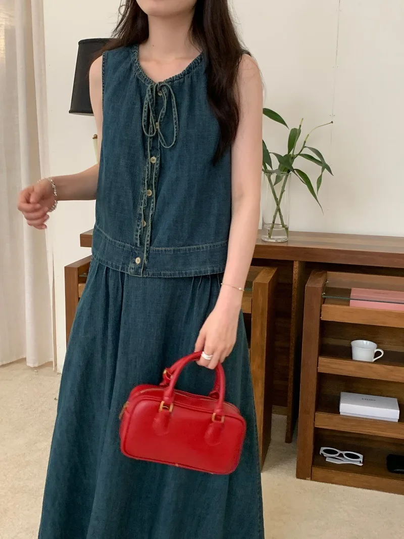 Summer New Korean Chic Dress Sets O-neck Lace-up Single Breasted Sleeveless Tank Top Pleated A-line Skirts Denim Women Suit