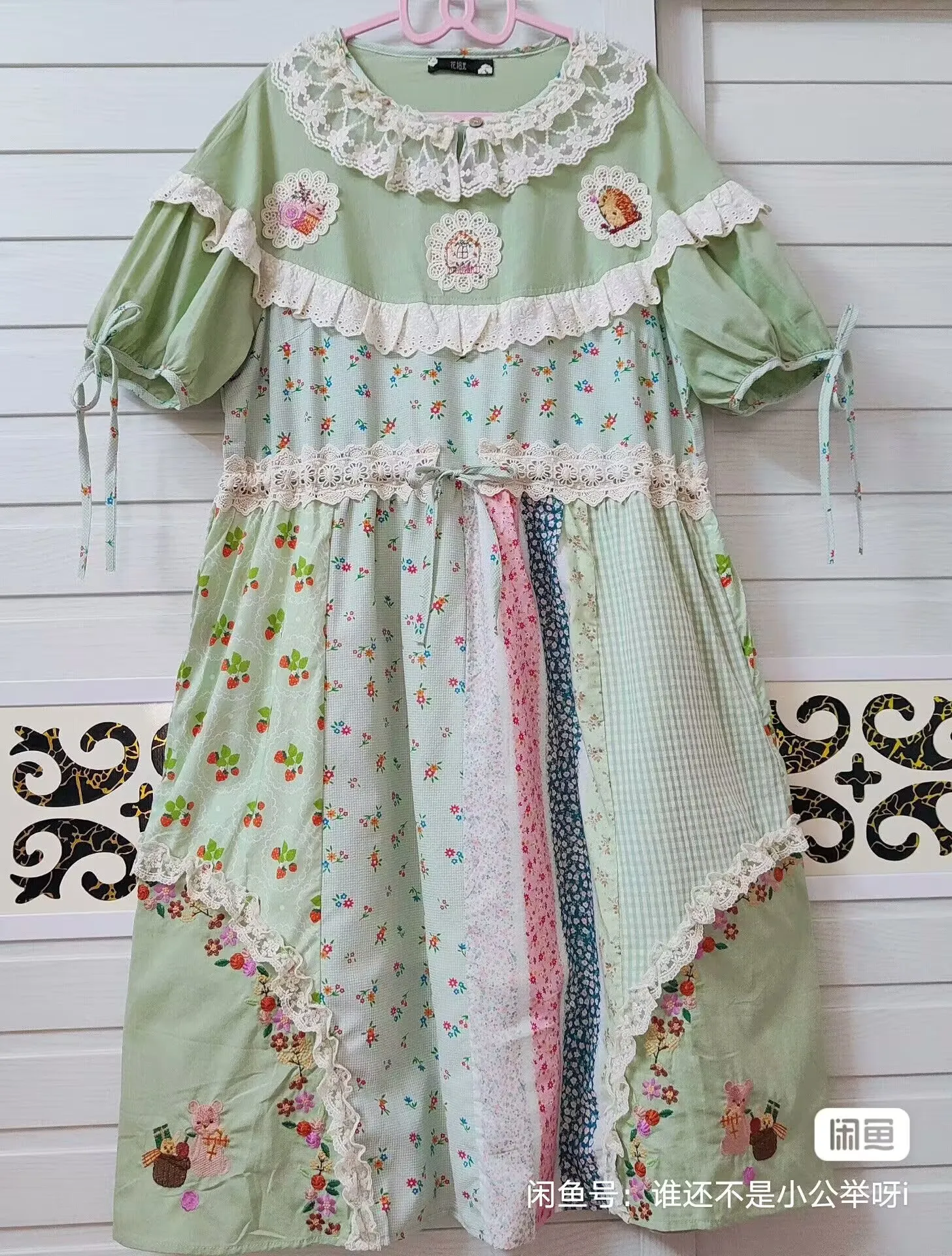 

Летнее винтажное хлопковое платье миди с пэчворком, оборками и кружевной вышивкой для женщин в стиле коттеджкор, хараджуку, рококо, длинное платье