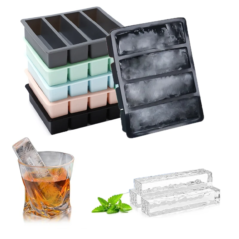 

4 Grids Long Ice Cube Tray With Lid Reusable Silicone Ice Cube Mold Silicone Ice Cube Tray Jelly Chocolated Tray Moul